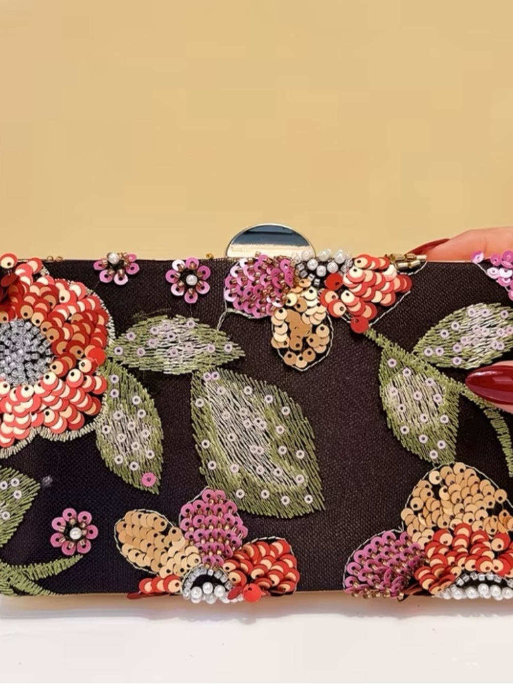 Embellished Floral Sequin Clutch - Black with Multicolor Floral